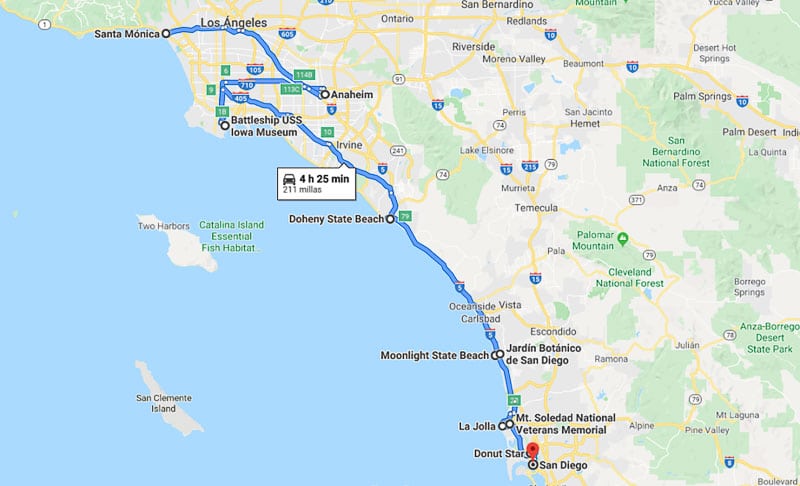 Mapa ruta Los Angeles a San Diego