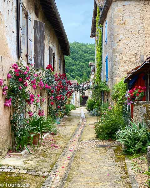 calle medieval con flores de St-Jean-de-Côle