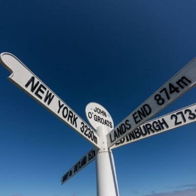 John O'Groats poster with distances to Edinburgh and NYC