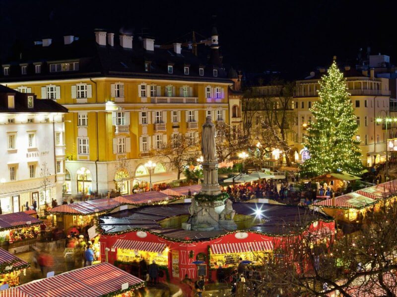 Bolzano Christmas Market at night aerial view