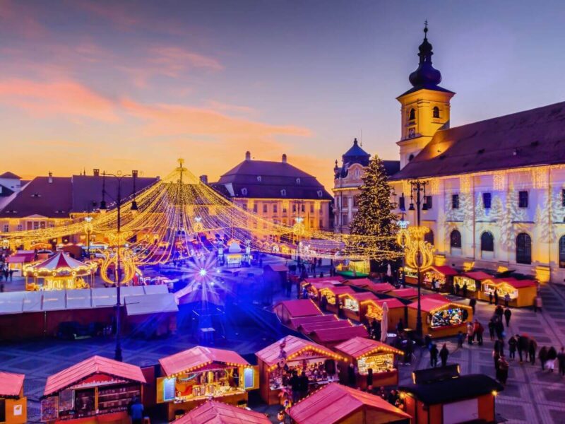 Sibiu Christmas markets at sunset