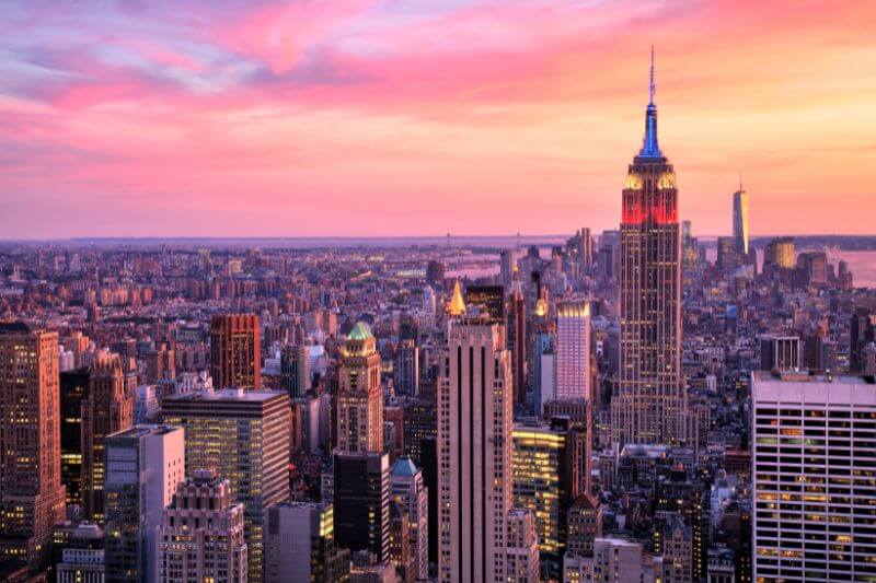 Views of NYC and the Empire State Building at sunset.