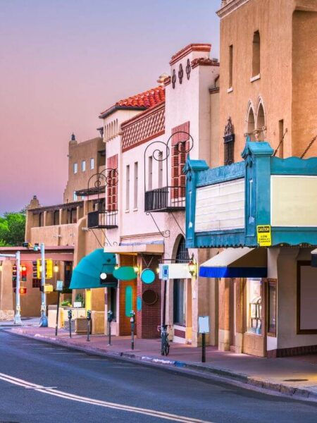 Picturesque street of Santa Fe at sunset