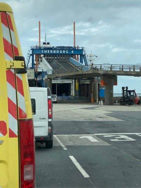 Waiting to enter the ferry at Cherbourg