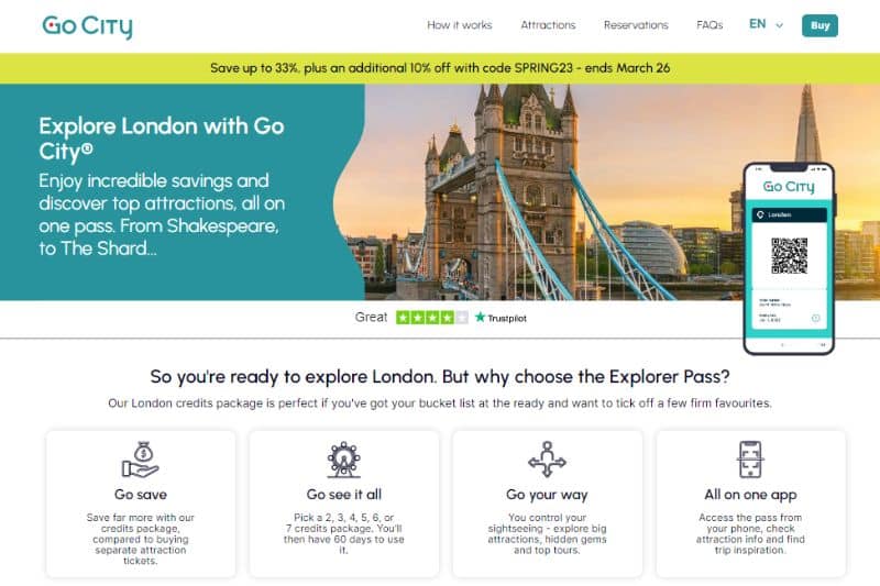 Contenido del sitio web con medios y detalles sobre cómo utilizar Go City London para su itinerario de vacaciones en Londres-París