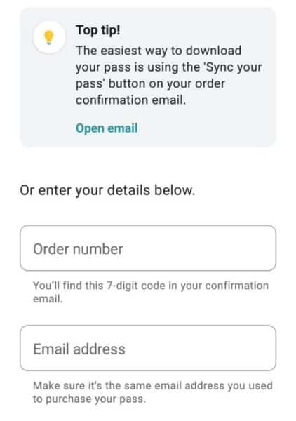 go city app passes page with two text boxes