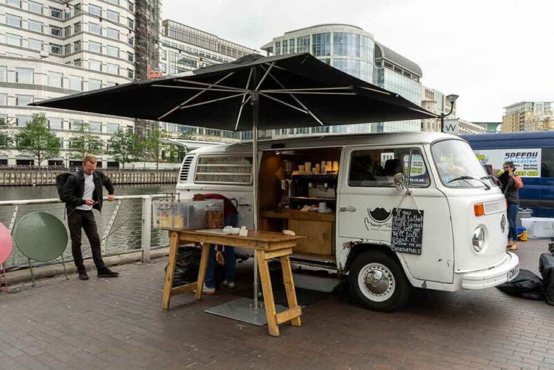 A van selling food, buying here help save money while traveling 