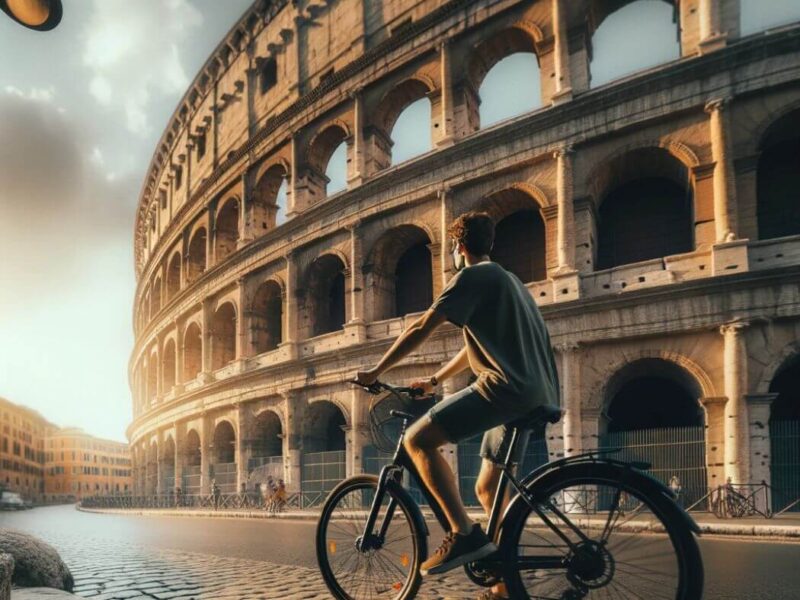 A person riding a bike in front of the Rome Colosseum