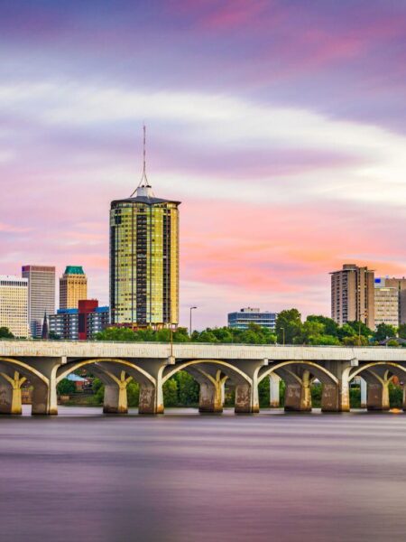 Downtown Tulsa river Arkansas at sunset
